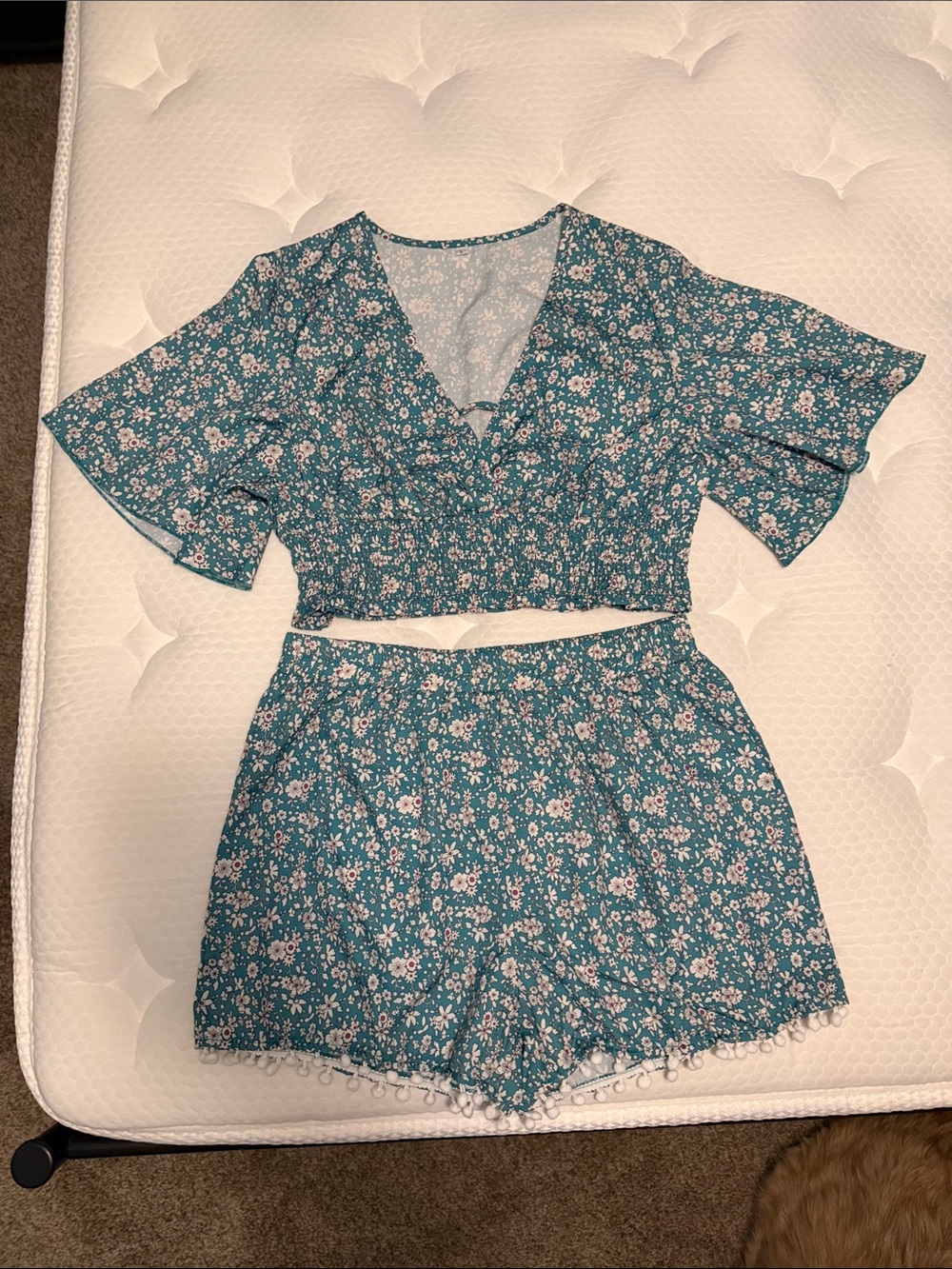 Teal Floral Two-Piece Crop Top & Shorts Set